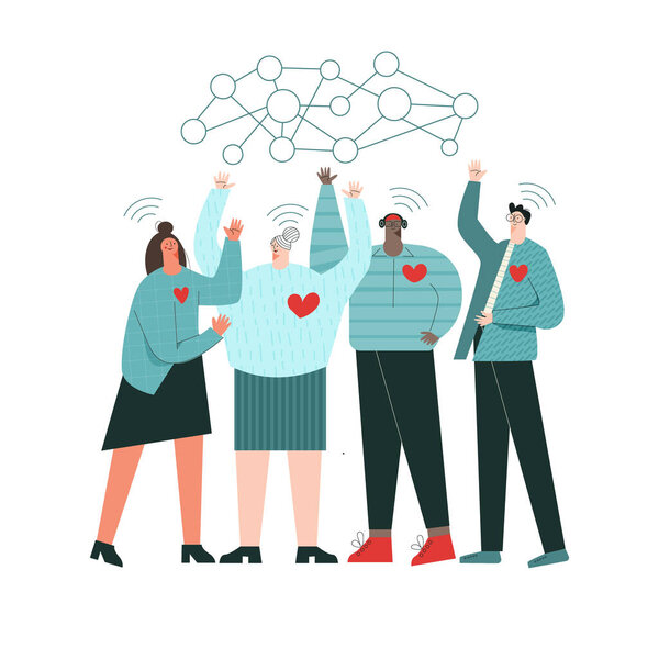 Концепция виртуальных волонтеров мультикультурная онлайн благотворительная общественность плоская векторная иллюстрация