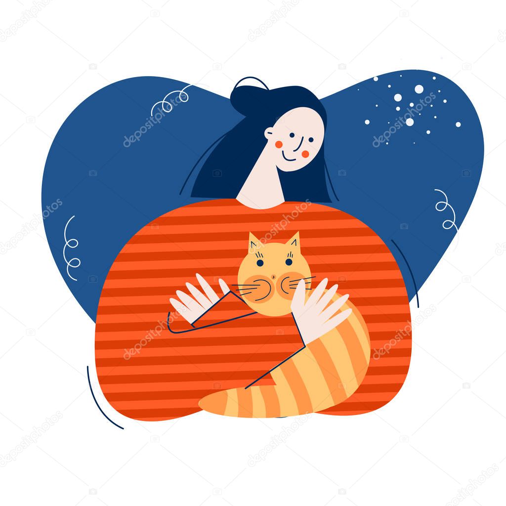 Hug day concept flat vector illustration Happy woman embracing cat