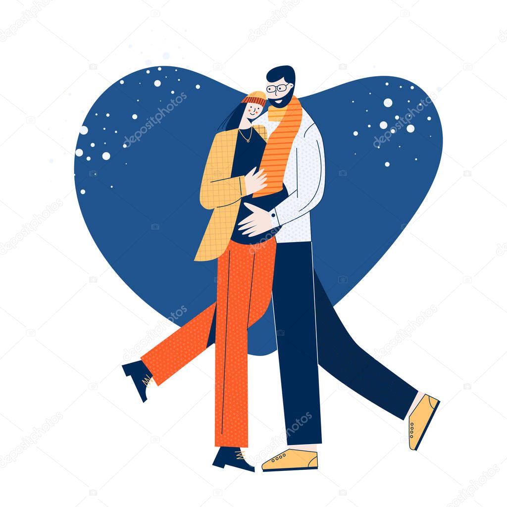 Winter Christmas pregnant family men and women in love hugging Flat vector illustration