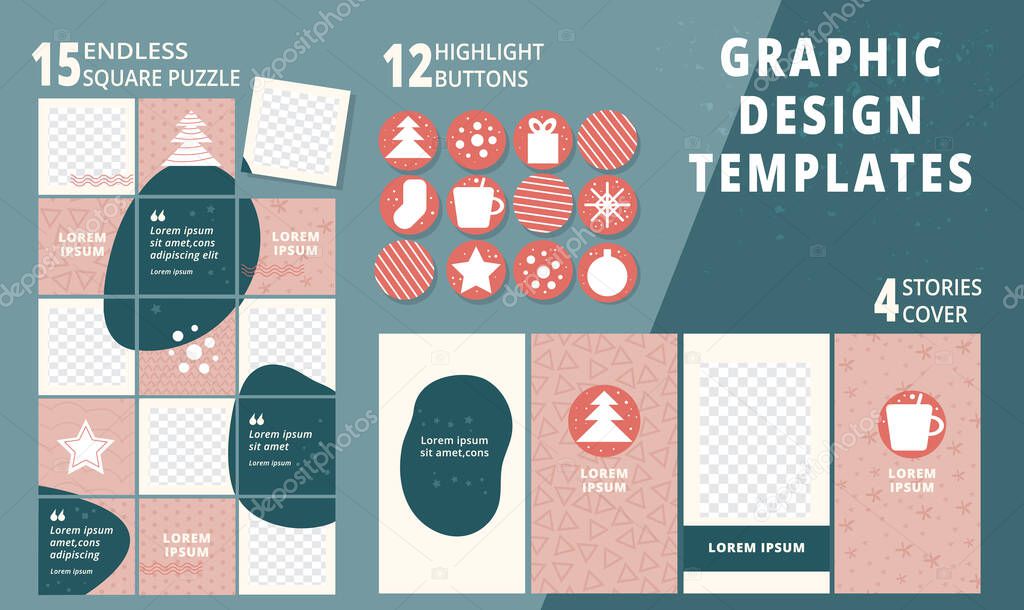 Set of social media puzzle template christmas design highlight buttons stories cover vector illustration