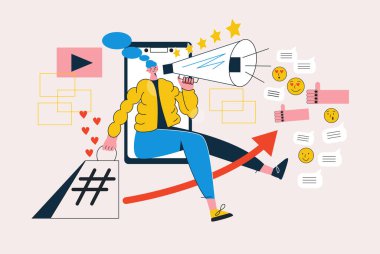 Blogger Influencer pazarlama konsepti düz vektör çizimi ve karakter. Marka elçisi, tanıtım hizmetleri ve takipçileri için internet üzerinden mal.