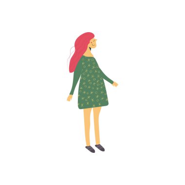 Cute young girl with pink hair in a green dress doodle drawing.Hand drawn flat vector illustration in cartoon style isolated on white background clipart