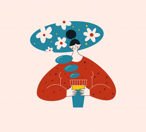 Женщина с травяным чаем. Азиатская женский характер и горячие напитки плоский вектор иллюстрация — стоковый вектор