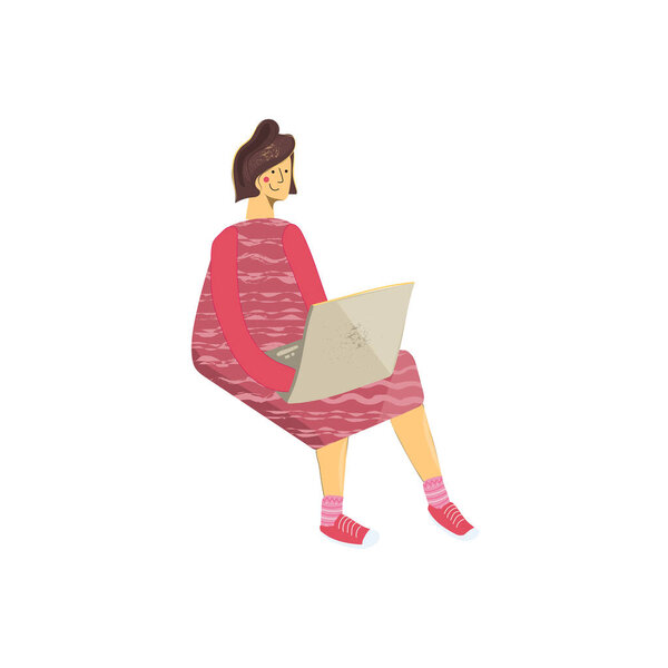 Молодая симпатичная студентка с рисунком на ноутбуке. Ручная рисованная плоская векторная иллюстрация в мультяшном стиле на белом фоне