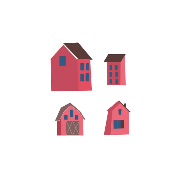 村の農家の家のセットドア図面4つの素朴な建物のバンドル白い背景に隔離された漫画のスタイルで手描きのフラットベクトルイラスト — ストックベクタ