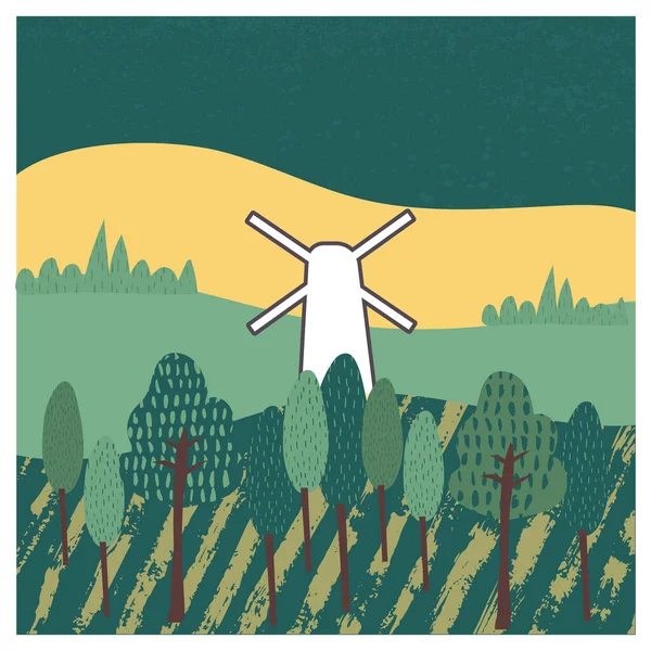 Boerderij windmolen vector illustratie Platteland met kleurrijke textuur omgeving banner poster ontwerp — Stockvector