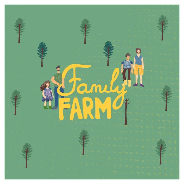 Famiglia fattoria vettore illustrazione e lettering Elementi di design con trama carina — Vettoriale Stock