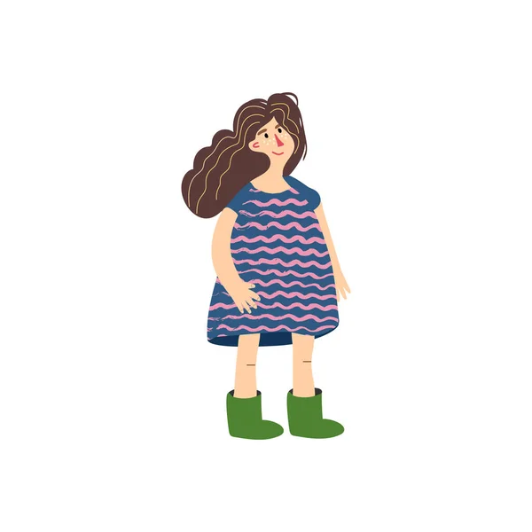 Lustige Kleinkind Mädchen in Kleid und Gummistiefeln Handgezeichnete flache Vektorillustration im Cartoon-Stil isoliert auf weißem Hintergrund — Stockvektor