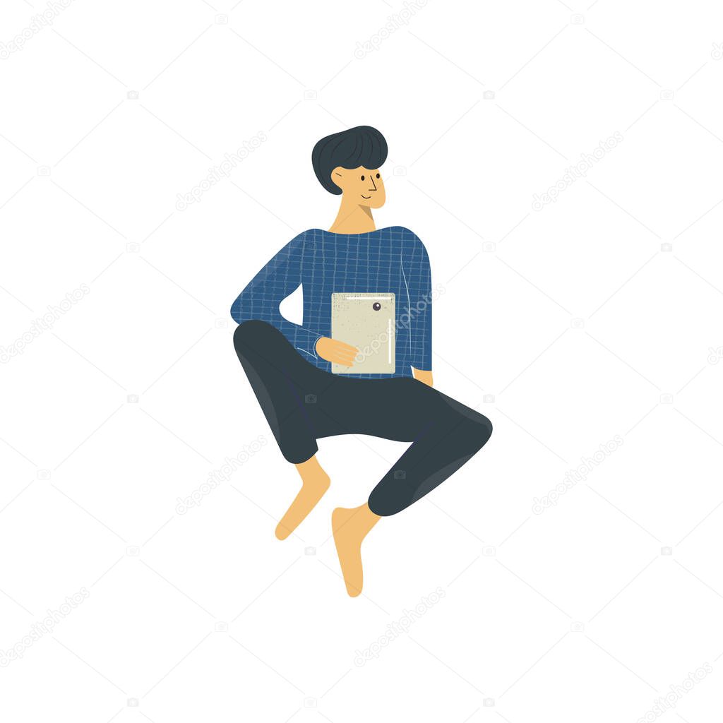 Young male character is sitting with a tablet doodle drawing. Hand drawn flat vector illustration in cartoon style isolated on white