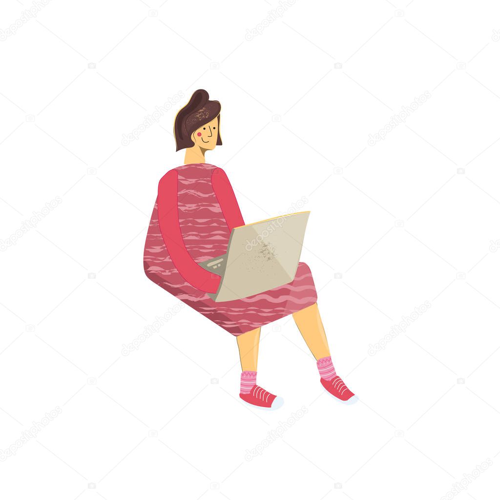 Young pretty girl student with laptop doodle drawing. Hand drawn flat vector illustration in cartoon style isolated on white background
