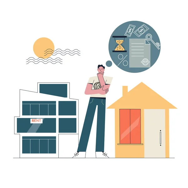 Concept immobilier Le personnage masculin choisit entre l'achat d'une maison hypothécaire ou la location d'un appartement Illustration vectorielle plate — Image vectorielle