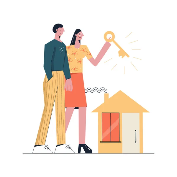 Compra e aluguel de imóveis Um casal está comprando uma casa Família jovem segurando a chave para sua casa Ilustração plana moderna do vetor —  Vetores de Stock