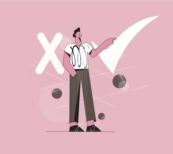 Fact search concept with character True vs false flat vector illustration Myths and facts modern flat vector illustration
