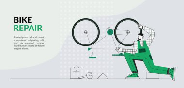 Bike repair service concep. Flat vector illustration with character for app, landingpage