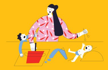 Kids having quarrel over tired mother Mom is depressed by screaming of children Problems of motherhood Flat vector illustration