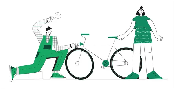Koncepcja usługi naprawy rowerów Serviceman naprawy rowerów w warsztacie rowerowym Płaska ilustracja wektor z charakteru — Wektor stockowy