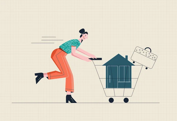 Купівля будинку або квартири Концепція іпотеки Жінка біжить з будинком і валізою у візку супермаркету Плоска Векторна ілюстрація — стоковий вектор