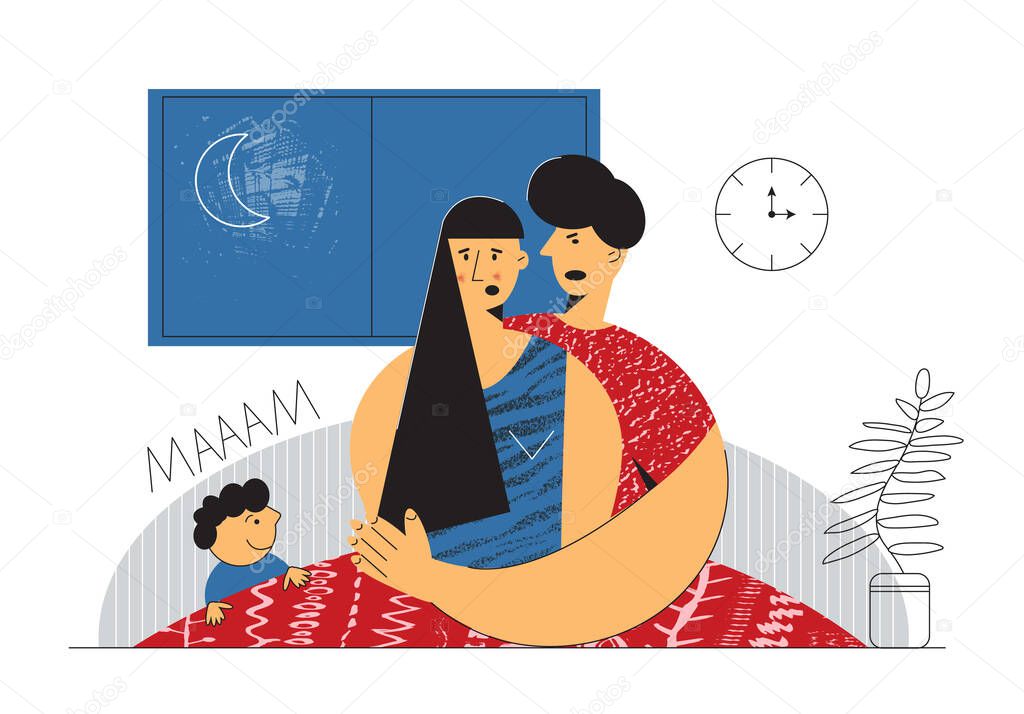 Frustrated parents and their mischievous child Kid in an adult bedroom at night Flat vector illustration isolated on white background