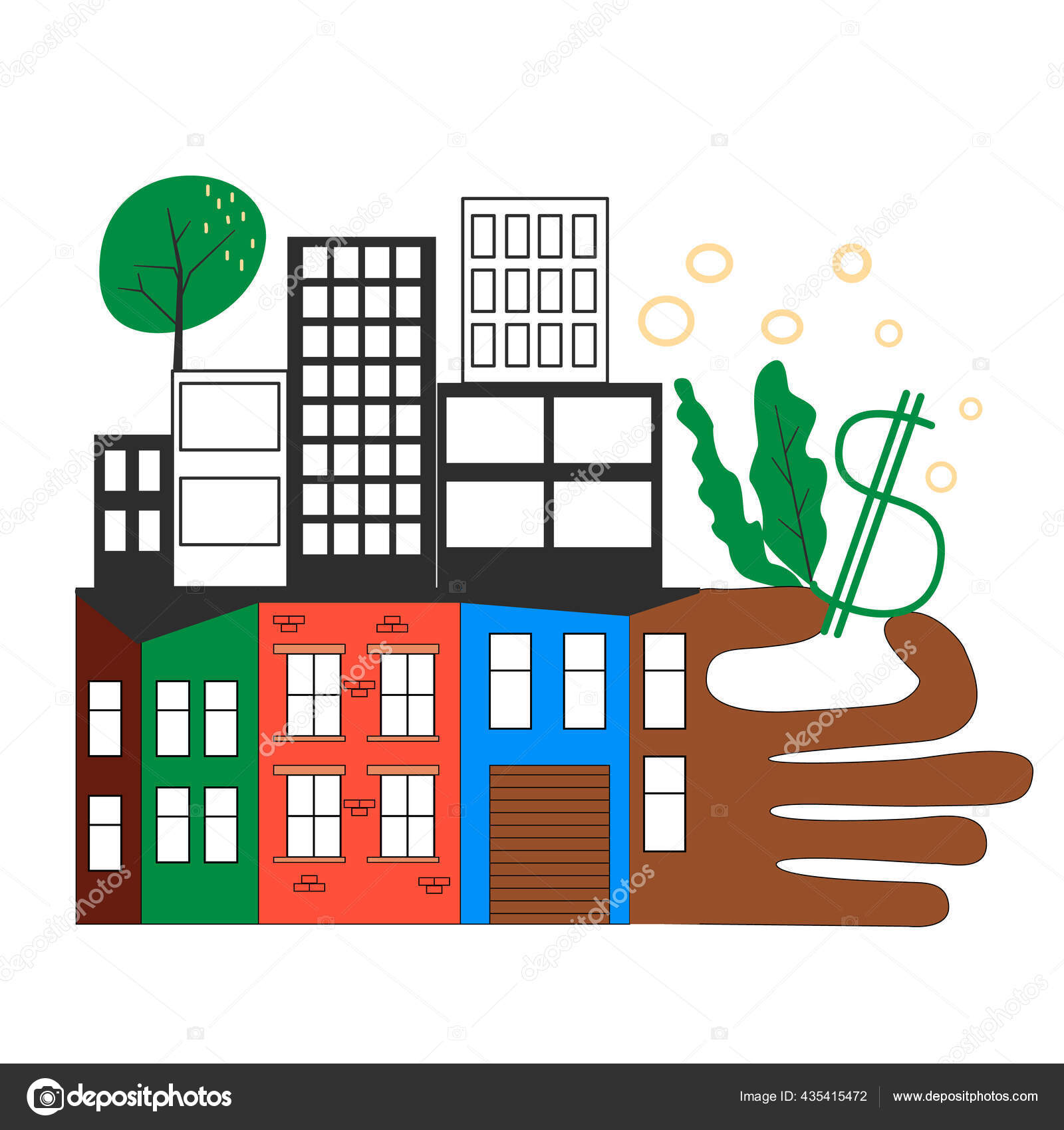 Neighborhood gentrification. Contrast between new modern buildings and