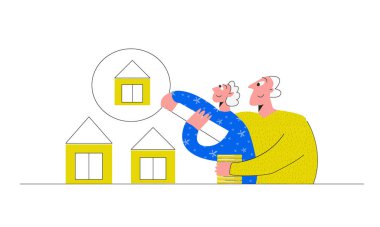 Son sınıf çifti ev alıyor. Yaşlı adam ve kadın bir ev seçiyorlar. Gayrimenkule yatırım yapmak. Düz vektör karikatür çizimi