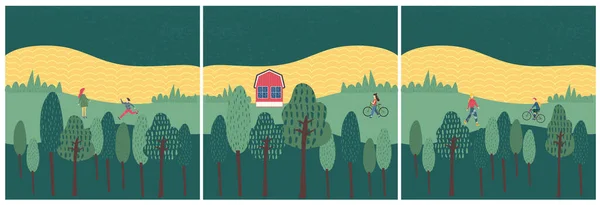 Aile tatilleri çiftlikler, çiftlik evleri, kırsal alanlar. Triptych posteri, kartpostal, çevre konsepti. Şirin desenli tasarım elemanları. Çizgi film tarzında düz vektör çizimleri kümesi