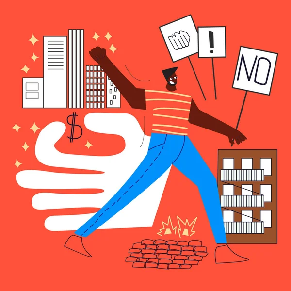 Man is marching to protest against gentrification. Demonstration, revolution, raised arm fist holding banner with protest caption. Black arm silhouette on red background. — Stock Vector