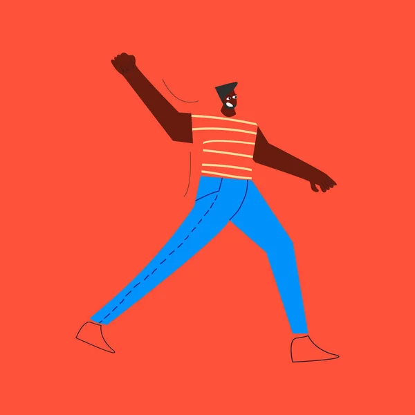 Demonstration, revolution, protest. Man med upphöjd arm knytnäve. Svart, afrikansk amerikansk karaktär isolerad på röd bakgrund. — Stock vektor