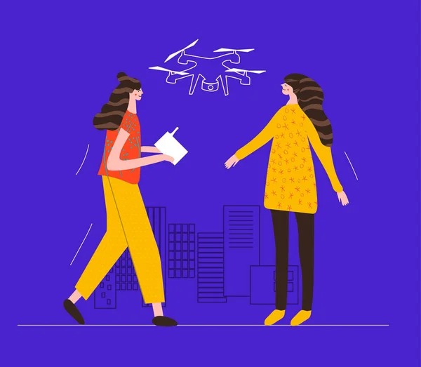 Vrouwelijke drone piloot. Meisje staat met bedieningspaneel van de drone. Vrouwen lanceren een onbemand luchtvoertuig. Toekomstige technologie, UAV. Handgetekende vectorillustratie — Stockvector