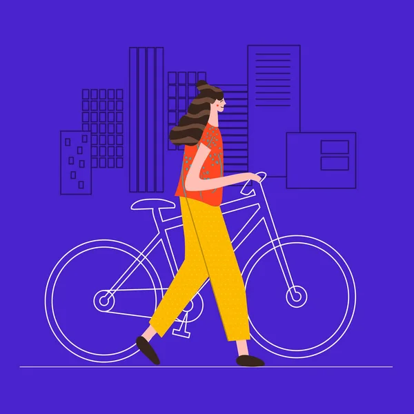 若い女性キャラクターが路上で自転車に乗る。都市環境輸送。千年のライフスタイル。現役の若年成人。漫画スタイルのフラット編集可能なベクトルイラスト — ストックベクタ