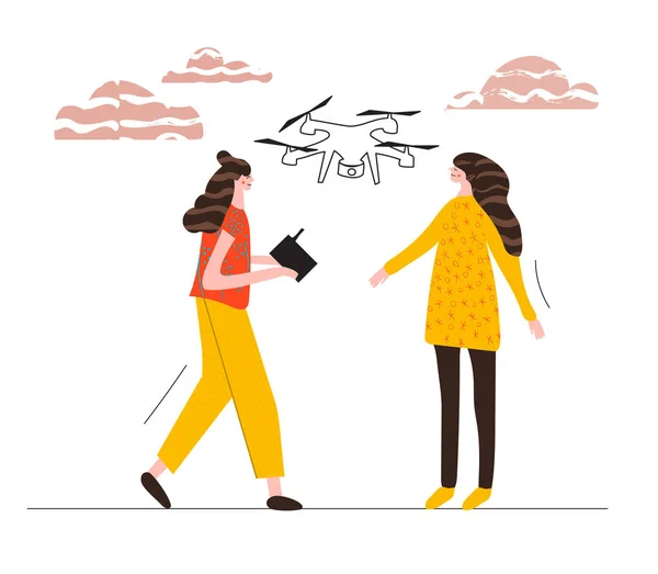 Female drone pilot. Girl stands with control panel from the drone. Women launch an unmanned aerial vehicle. Future technology, UAV. Handdrawn vector illustration — Διανυσματικό Αρχείο