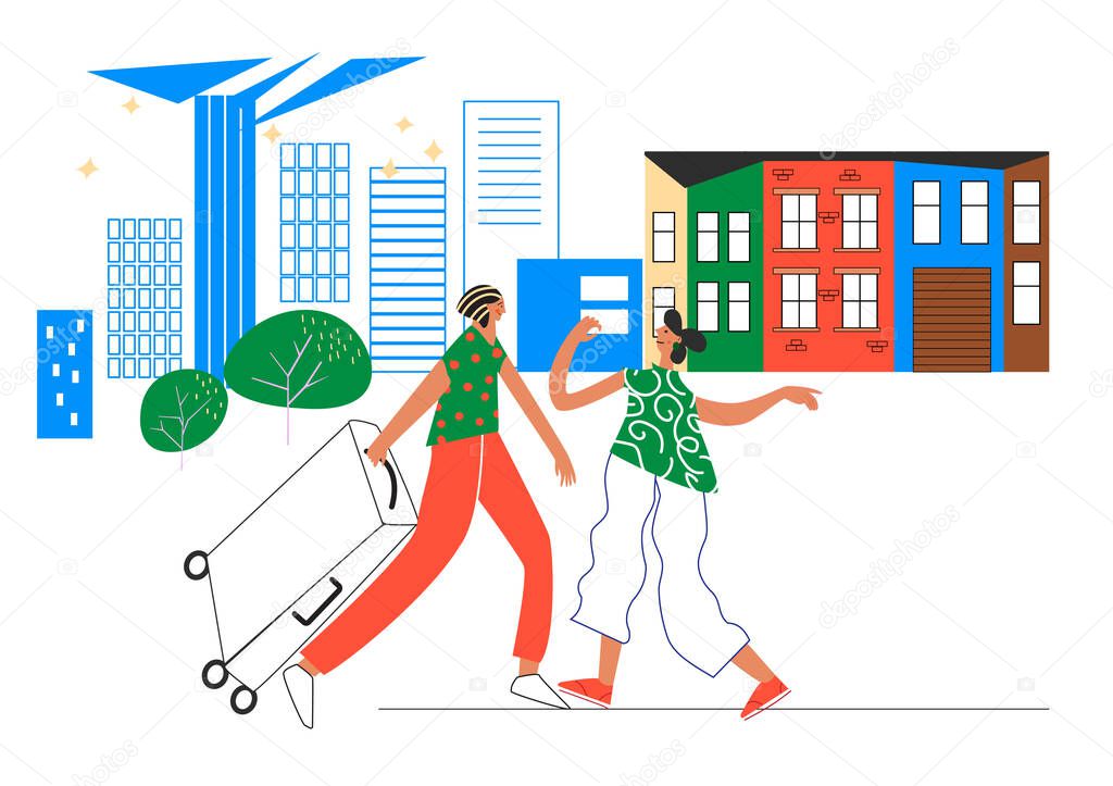 Young woman meets her friend who just arrived after quarantine recovery. Meeting from travel with suitcase. Stop lockdown. Colorful illustration in flat cartoon style
