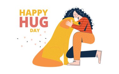 Sarılma günün kutlu olsun. Şirin genç kadın köpeğini kucaklıyor. İnsan ve evcil hayvan arasındaki arkadaşlık. Hayvanlarla aşk. Pozitif duygu Düz vektör karikatür çizimi beyaz arkaplanda izole