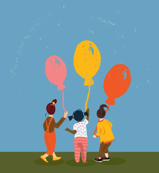 Groupe de bonheur d'enfants mignons et adorables avec des ballons à air. Diverses filles de la nation jouent ensemble. Des tout-petits de différentes races faisant la fête. Illustration vectorielle plate dans le style dessin animé — Image vectorielle