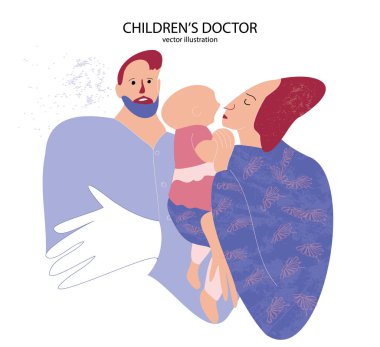 Çocuk doktorunu kontrol etmek için. Çocuk doktoru hasta bir kızı muayene ediyor. Annesiyle birlikte çocuk doktoru. Güzel, genç bir anne kucağında tatlı bebeğiyle. Beyaz arka planda izole edilmiş. Renkli vektör