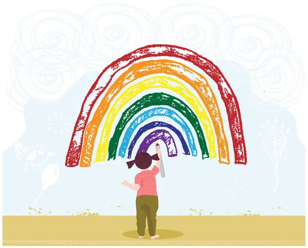 Laten we allemaal beter worden. Kind tekent een regenboog. Schattig meisje schilderen en tekeningen aan de muur. Template voor web design, Childrens Day concept. Platte vectorillustratie. — Stockvector