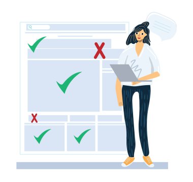 Efsaneler ve gerçekler vektör illüstrasyonu. Düz insan kavramında bilgi doğruluğu. Sahte haberlere karşı güven ve dürüst veri kaynağı. Düz vektör karikatür çizimi