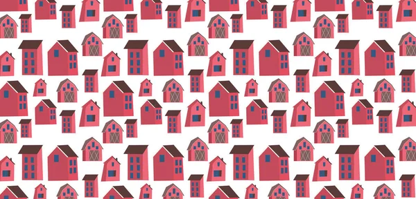 Hem söt hem hus sömlöst mönster med fönster och dörr. Vektorillustration för abstrakt geometrisk stadsdesign. Gårdshus, lantligt landskap. Ändlösa tryck bakgrund struktur i skandinavisk stil — Stock vektor