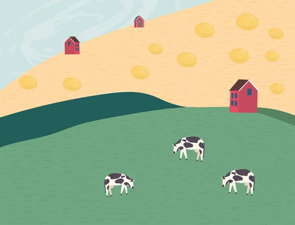 Paysage rural avec champ, botte de foin, herbe, vaches et ferme. Zone écologiquement propre avec ciel bleu et nuages. Illustration vectorielle plate — Image vectorielle