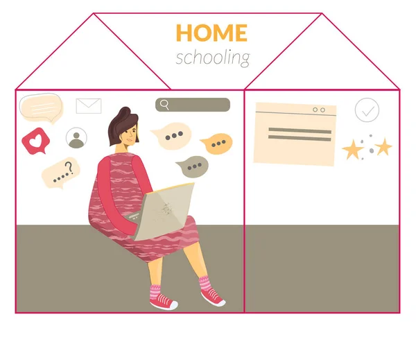 Uma estudante a fazer os trabalhos de casa. Criança usando aparelhos para estudar. Educação e ensino à distância. Ensino em casa durante a quarentena. Ilustração vetorial plana — Vetor de Stock