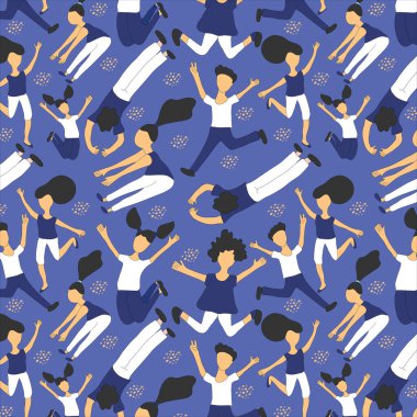 Mutlu zıplayan insanlarla kusursuz düz çizgi film vektör deseni. Okul üniformalı gençlerin bitmek bilmeyen baskısı.