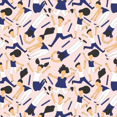 Mutlu zıplayan insanlarla kusursuz düz çizgi film vektör deseni. Okul üniformalı ve kurşun kalemli gençlerin sonu gelmez baskısı.