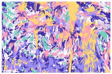 Manzara arka planı ya da kart şablonu soyut ormanlar, palmiye ağaçları, sıcak renkli cangıllar. Parlak renkli arkaplanlar