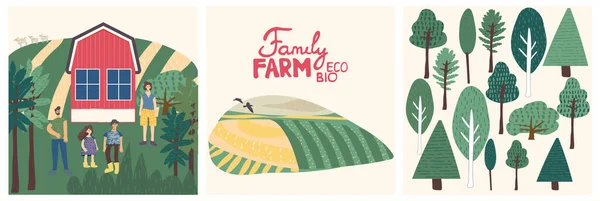 Set van familieboerderij illustratie en belettering. Landelijk landschap, boerderij, bomen, familie op de boerderij. Design elementen met leuke textuur — Stockvector