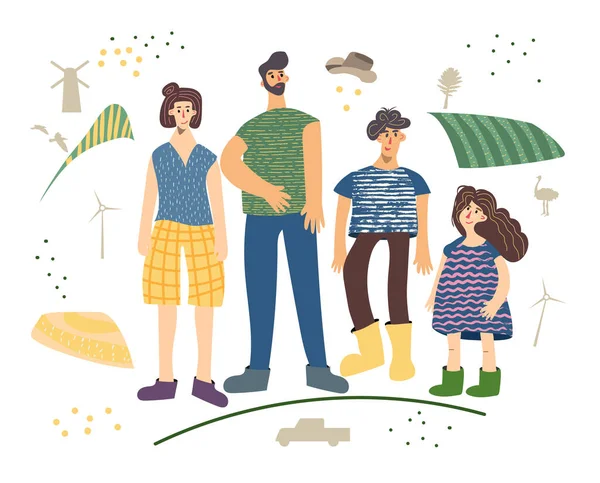 Famille agricole illustration vectorielle dessinée à la main. Un personnage de dessin animé de fermiers. Ensemble de personnes à la campagne. Clipart de famille mignon — Image vectorielle