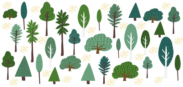 Lindos árboles clipart ilustración plana vectorial dibujado a mano. Conjunto de árboles en los elementos de dibujos animados del bosque. Abedul, abeto, pino, abeto, roble, álamo aislado sobre fondo blanco — Vector de stock