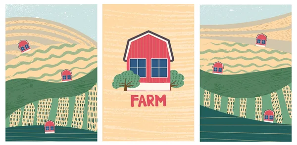 Set vector illustratie, boerderij en mooie zomervelden landschap met een dageraad, groene heuvels, blauwe lucht land achtergrond in vlakke cartoon stijl banner — Stockvector