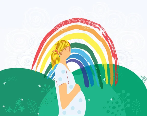 Regnbågen som symbol för hopp. Illustration av gravid kvinna, säkerhet glädje symbol, nytt familjeliv. Färgglada platt vektor illustration — Stock vektor
