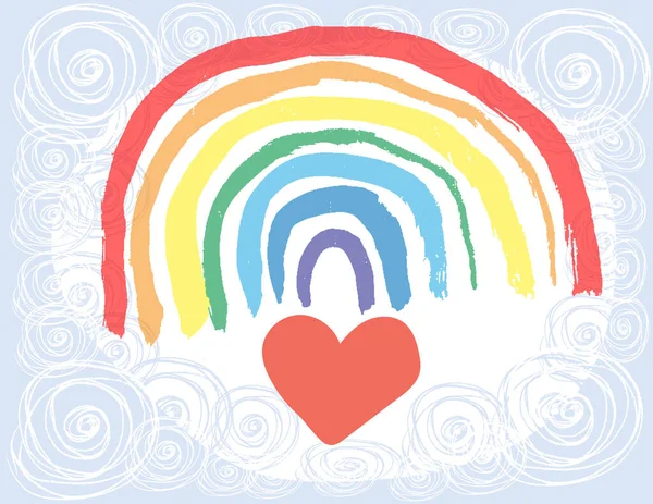 Laten we allemaal beter worden. De Regenboog aan de hemel als symbool van hoop. Rood hart om je te bedanken. Vlakke vector illustratie in cartoon stijl. — Stockvector