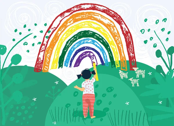 Laten we allemaal beter worden. Schattig klein peuter meisje met potlood schilderen en tekent een regenboog aan de hemel. De Regenboog als symbool van hoop. Platte vectorillustratie — Stockvector