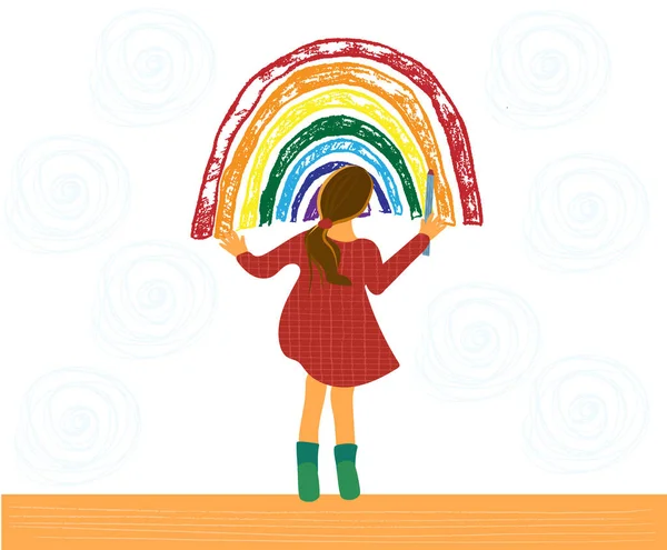 Schattig klein meisje tekent regenboog op de muur thuis. Een kind dat regenboog schildert. Handgetekende vector cartoon illustratie — Stockvector